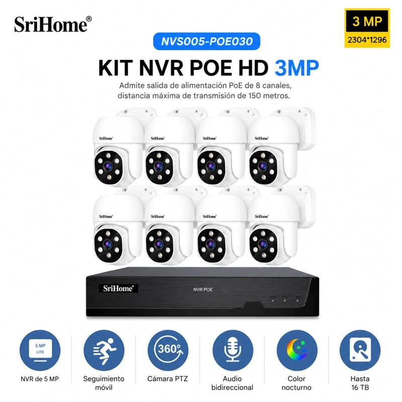KIT NVR POE SRIHOME 8 CAMARAS POE030 + NVR POE NVS005 8CH - 5