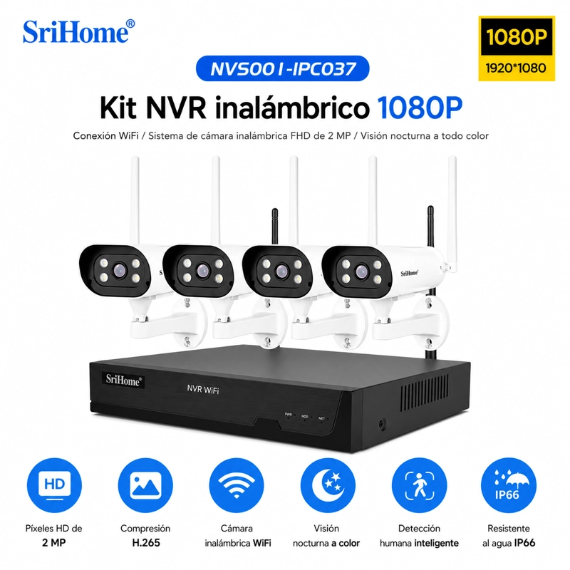 KIT WIFI SRIHOME NVS001 4 CAMARAS IPC037 1080P CON AUDIO Y VISION NOCTURNA A COLOR - 4