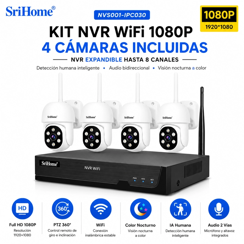 KIT NVR SRIHOME 4 CAMARAS IPC030 PTZ WIFI + NVR NVS001 8CH - 5