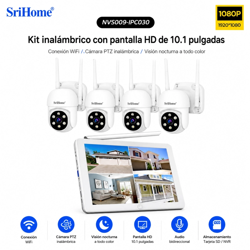 KIT NVR SRIHOME 4 CAMARAS IPC030 PTZ WIFI 2MP + NVR NVS009 CON PANTALLA 8CH - 5