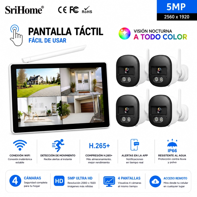 KIT NVR SRIHOME 4 CAMARAS IPC056 WIFI + NVR NVS010 CON PANTALLA 8CH - 5