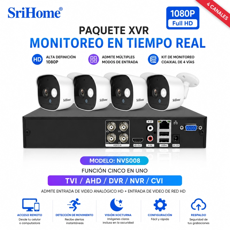 KIT XVR SRIHOME NVS008 4 CAMARAS AH029 1080P CON AUDIO Y VISION NOCTURNA A COLOR - 5