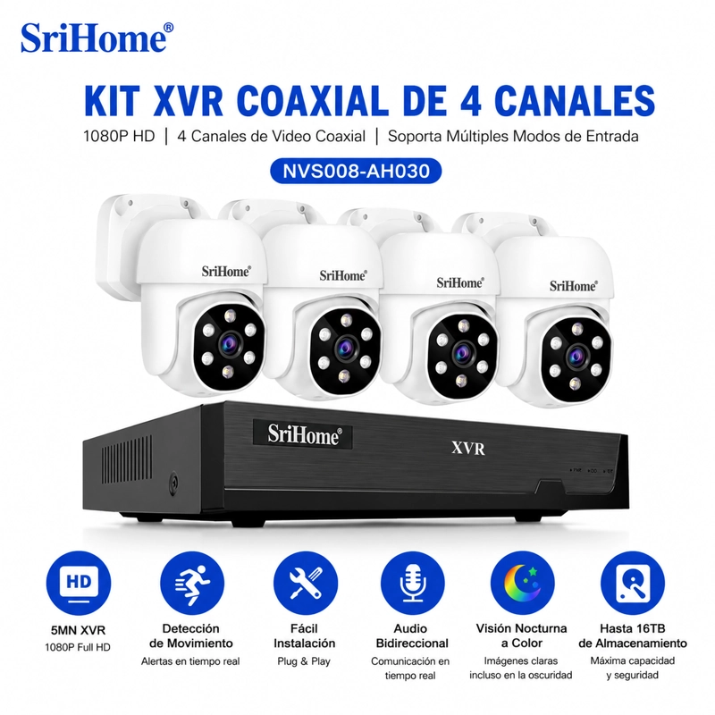 KIT XVR SRIHOME 4 CAMARAS AHD030 PTZ + XVR NVS008  CON AUDIO Y VISION NOCTURNA A COLOR - 5