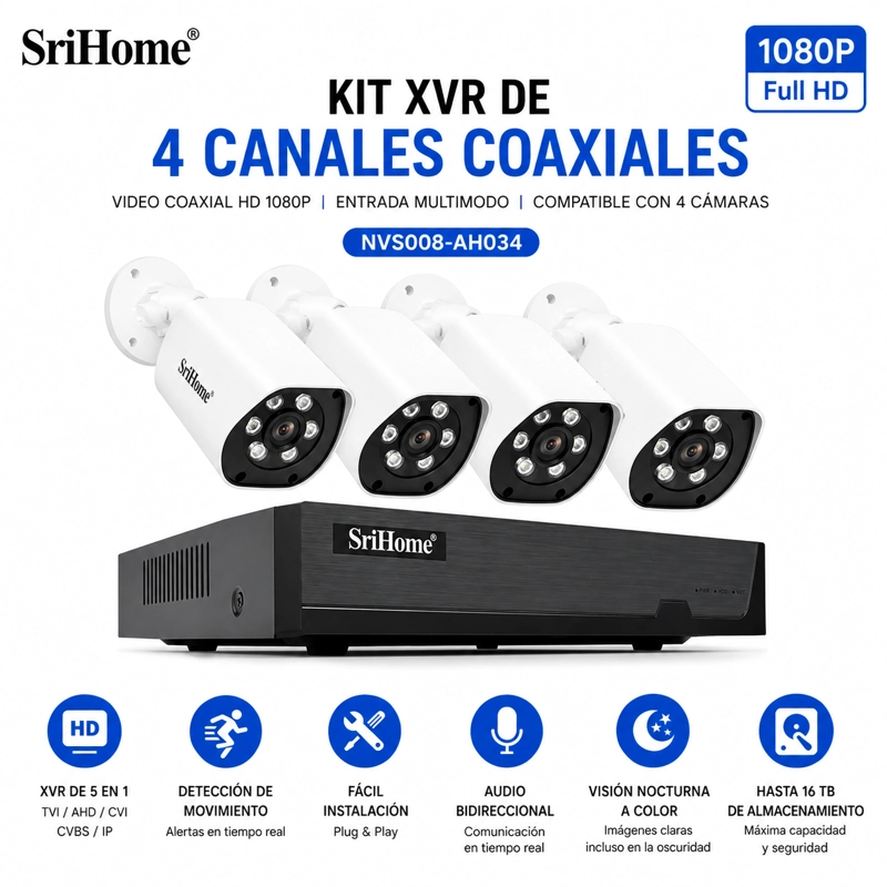 KIT XVR SRIHOME NVS008 4 CAMARAS AH034 1080P CON AUDIO Y VISION NOCTURNA A COLOR - 5
