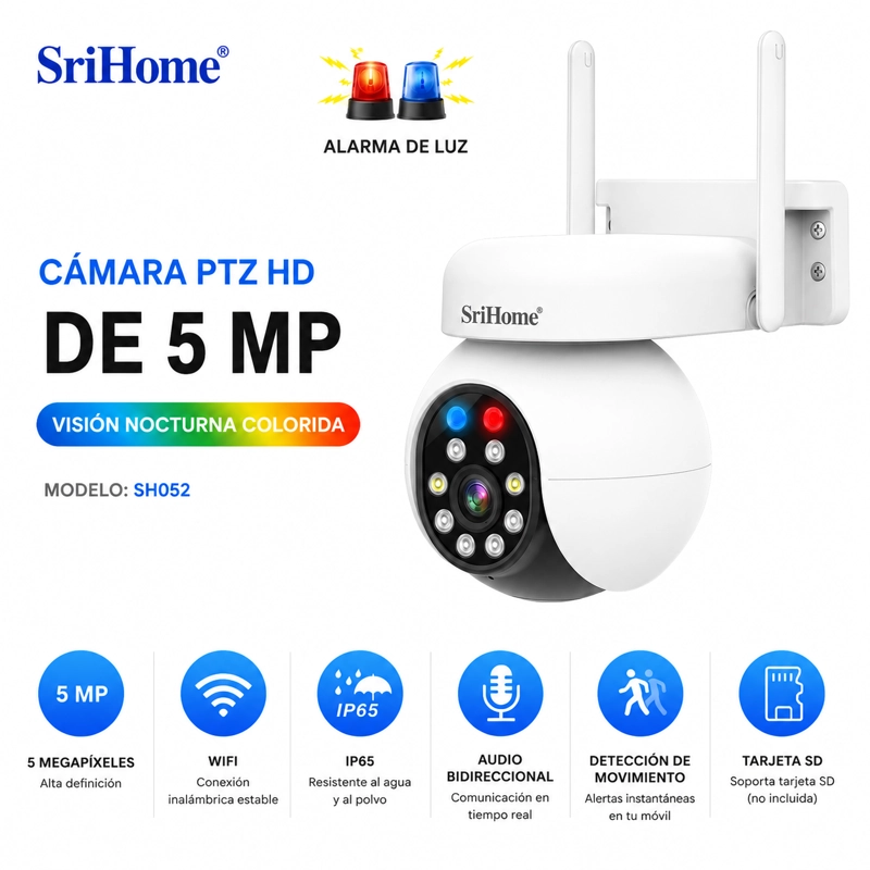 CAMARA IP PTZ SRIHOME SH052B 5MP WIFI EXTERIOR IP66 H.265 VISION NOCTURNA COLOR - 4