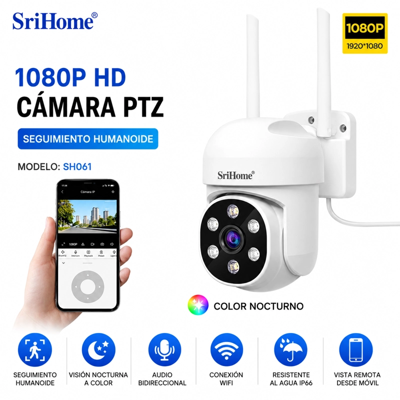 CAMARA IP WIFI PTZ SRIHOME SH061 1080P 2MP VISION NOCTURNA A COLOR IP66 AUDIO BIDIRECCIONAL IA - 4