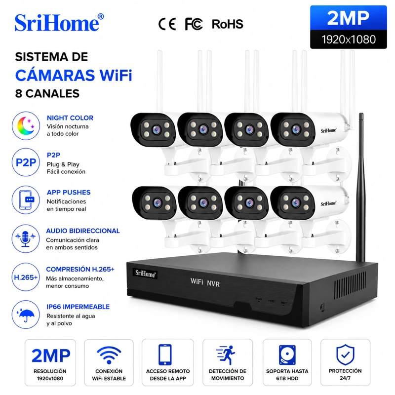 KIT WIFI SRIHOME NVS001 8 CAMARAS IPC037 1080P CON AUDIO Y VISION NOCTURNA A COLOR - 5