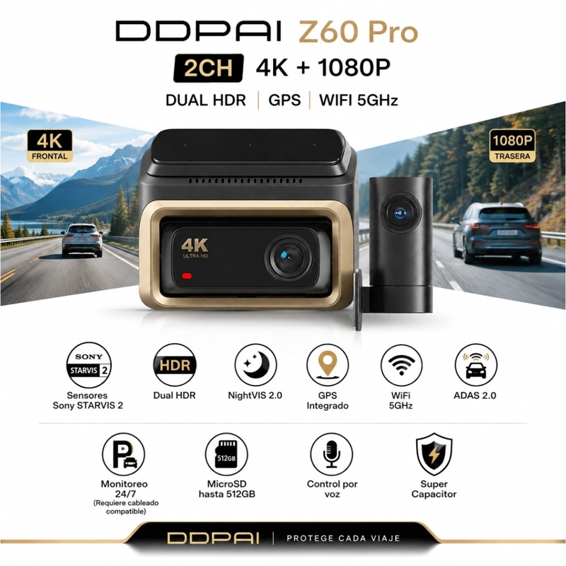 CAMARA PARA VEHICULO DDPAI Z60 PRO DUAL 4K 1080P GPS WIFI 5GHZ + IPS HARDWIRE KIT - 8
