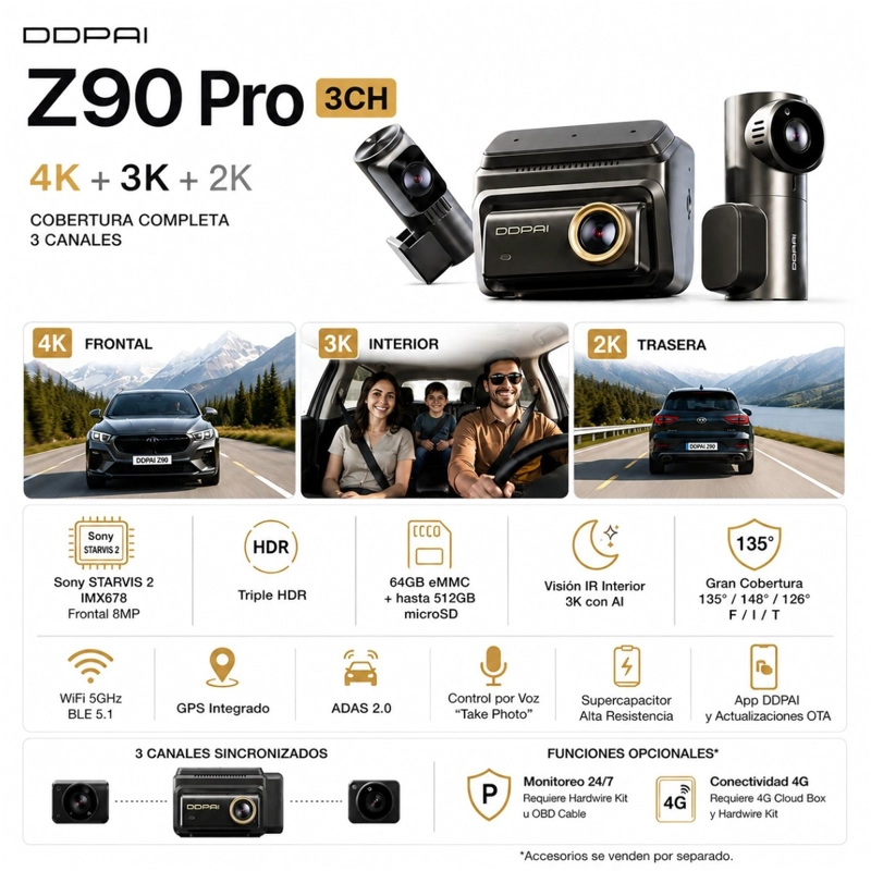 CAMARA PARA VEHICULO DDPAI Z90 PRO 3CH 4K 3K 2K HDR GPS WIFI 64GB + CABLEADO IPS - 6