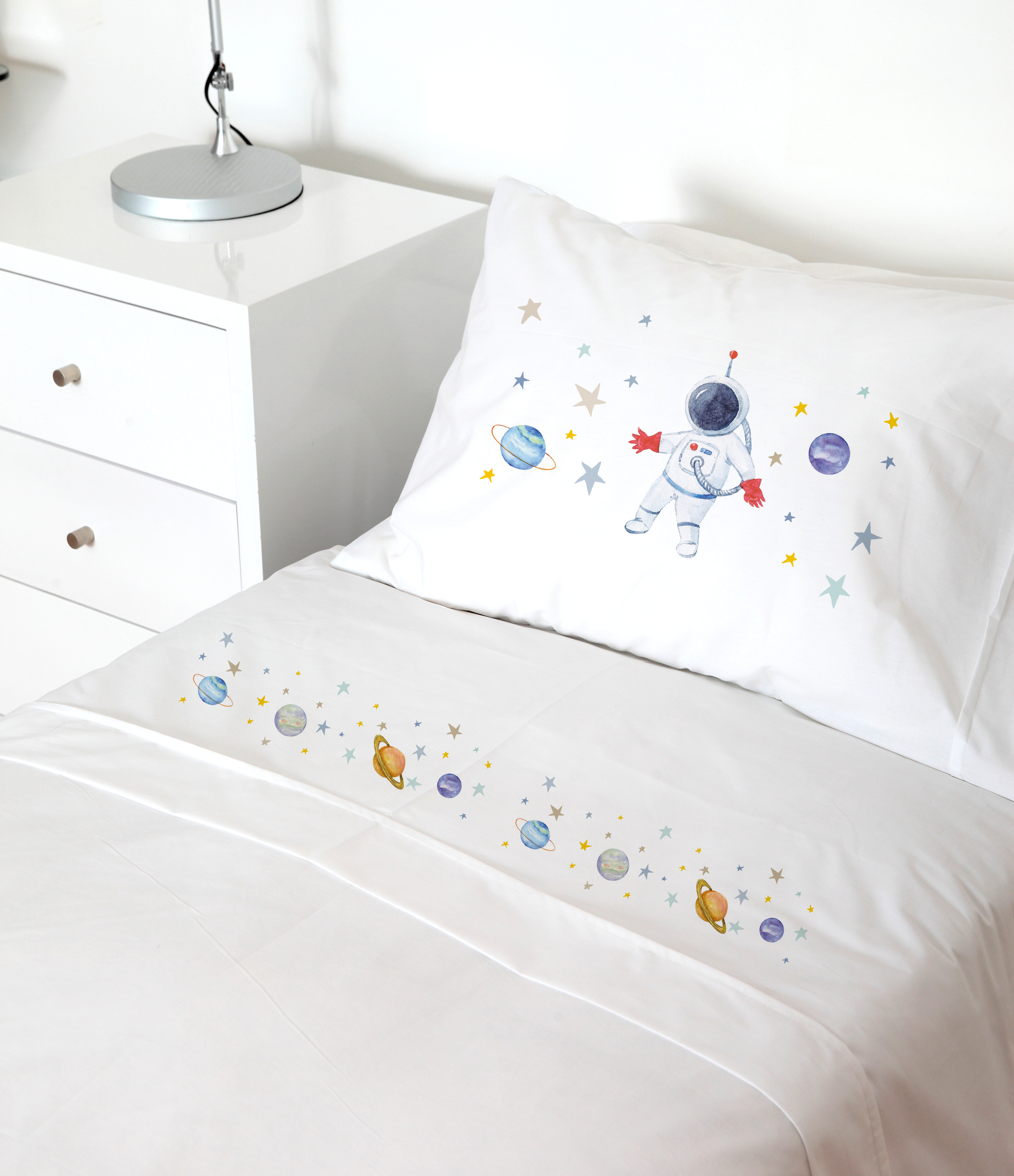SET SÁBANAS TUYO PRINT ESPACIAL 1 PLAZA 200 HILOS ALGODÓN BLANCO ESTAMPADO - 1