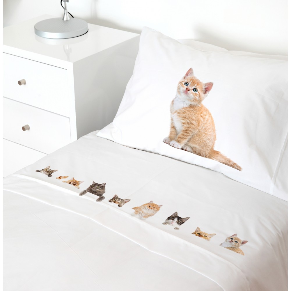 SET SÁBANAS TUYO PRINT CAT LOVERS 1 PLAZA 200 HILOS ALGODÓN BLANCO ESTAMPADO - 1