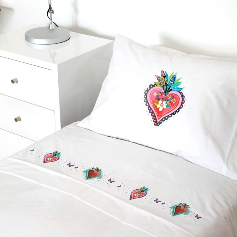 SET SÁBANAS TUYO PRINT CORAZÓN FRIDA 1.5 PLAZAS 200 HILOS ALGODÓN BLANCO ESTAMPADO - 1