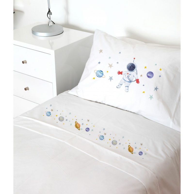 SET SÁBANAS TUYO PRINT ESPACIAL 1.5 PLAZAS 200 HILOS ALGODÓN BLANCO ESTAMPADO - 1