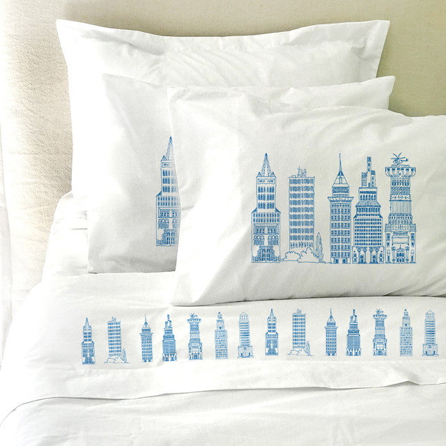 SET SÁBANAS TUYO PRINT EDIFICIOS AZULES KING 200 HILOS ALGODÓN BLANCO ESTAMPADO - 1