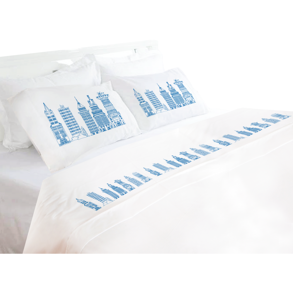 SET SÁBANAS TUYO PRINT EDIFICIOS AZULES 2 PLAZAS 200 HILOS ALGODÓN BLANCO ESTAMPADO - 1