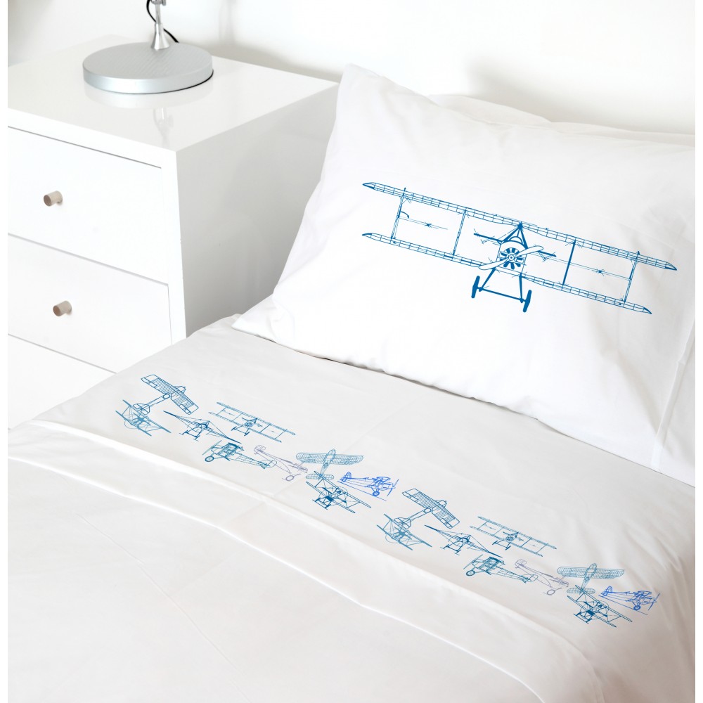 SET SÁBANAS TUYO PRINT AVIONES 1.5 PLAZAS 200 HILOS ALGODÓN BLANCO ESTAMPADO - 1