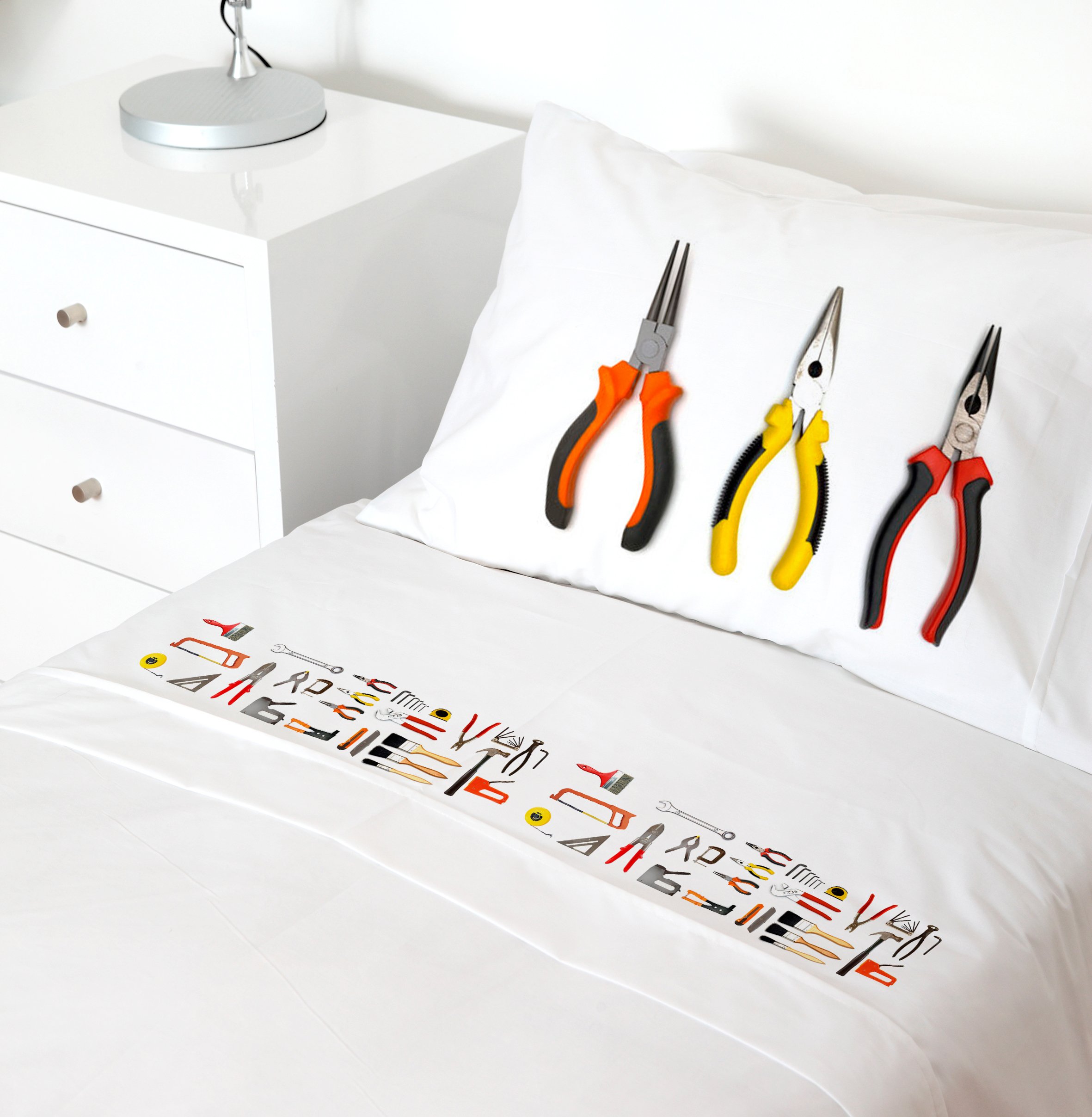 SET SÁBANAS TUYO PRINT HERRAMIENTAS 1.5 PLAZAS 200 HILOS ALGODÓN BLANCO ESTAMPADO - 1