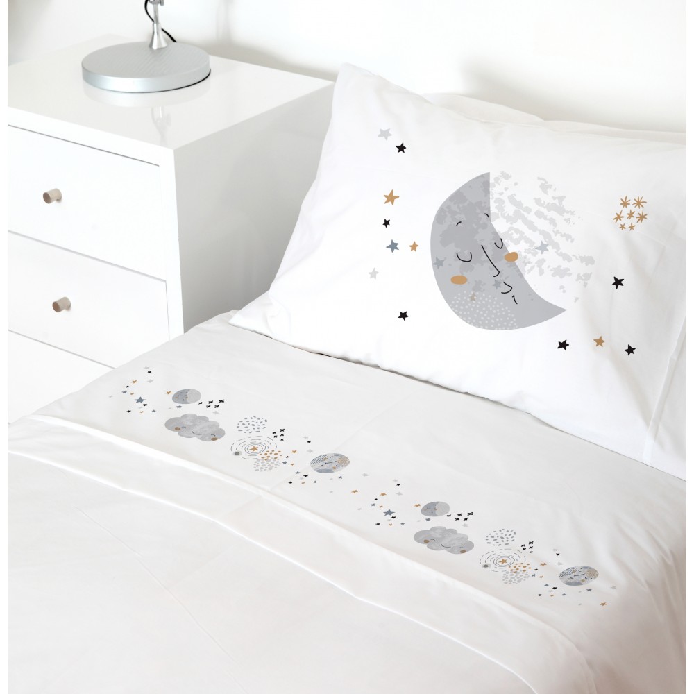 SET SÁBANAS TUYO PRINT LUNA 1.5 PLAZAS 200 HILOS ALGODÓN BLANCO ESTAMPADO - 1