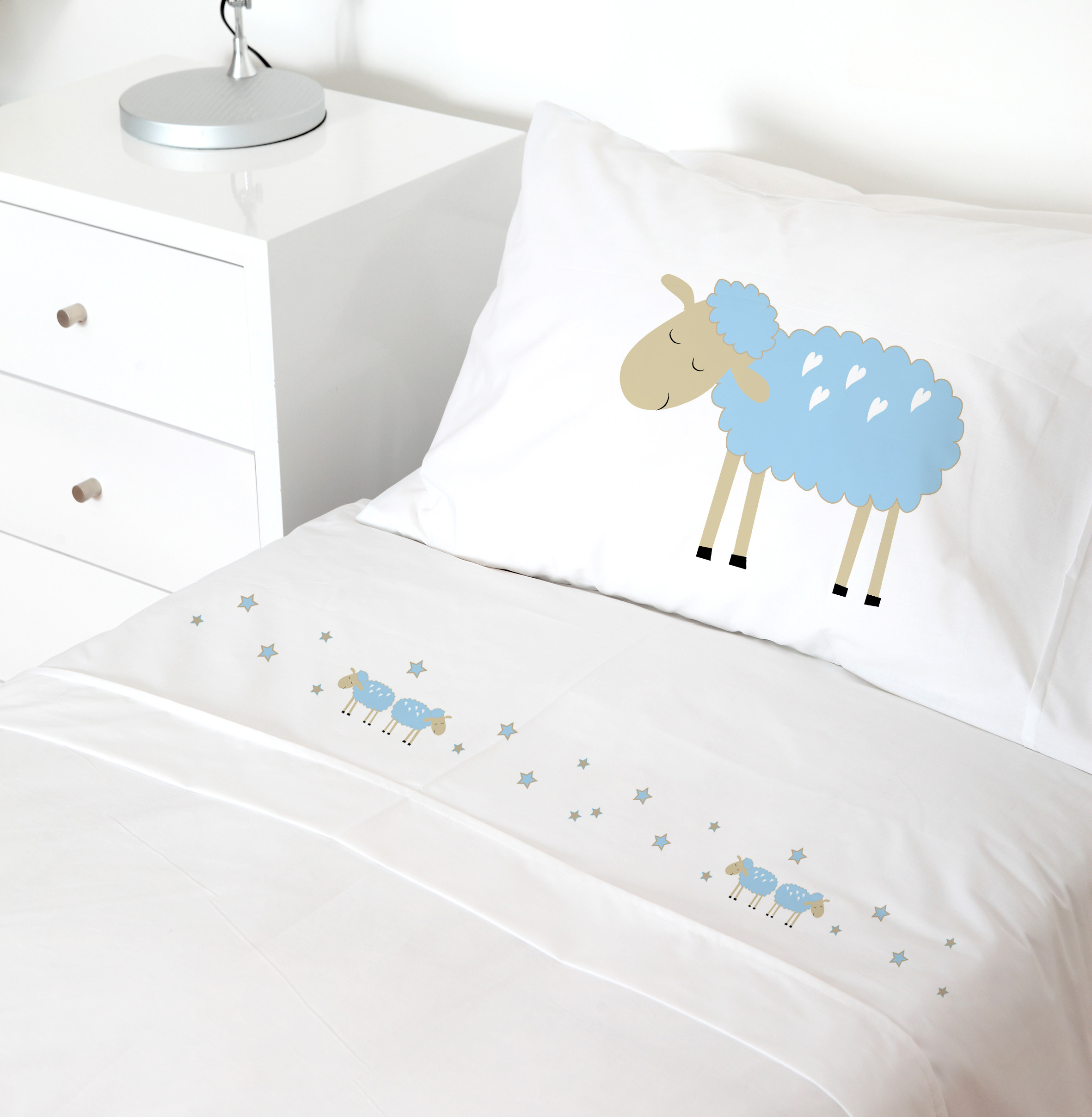 SET SÁBANAS TUYO PRINT OVEJA 1.5 PLAZAS 200 HILOS ALGODÓN CELESTE ESTAMPADO - 1