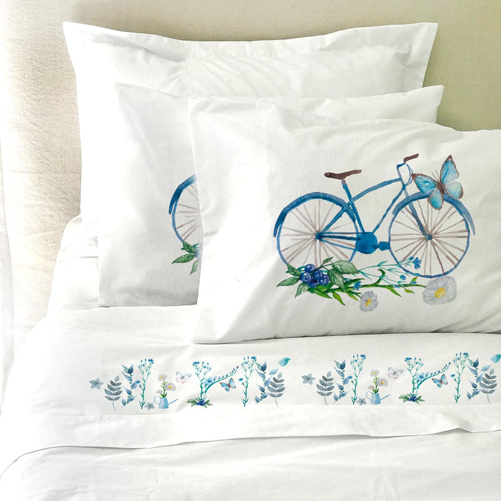 SET SÁBANAS TUYO PRINT BICI AZUL 2 PLAZAS 200 HILOS ALGODÓN BLANCO ESTAMPADO - 1
