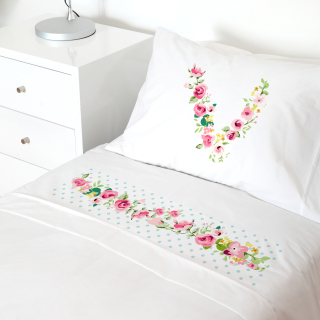SET SÁBANAS TUYO PRINT LETRAS VINTAGE V ALGODÓN BLANCO CAMA TRANSICIÓN - 1