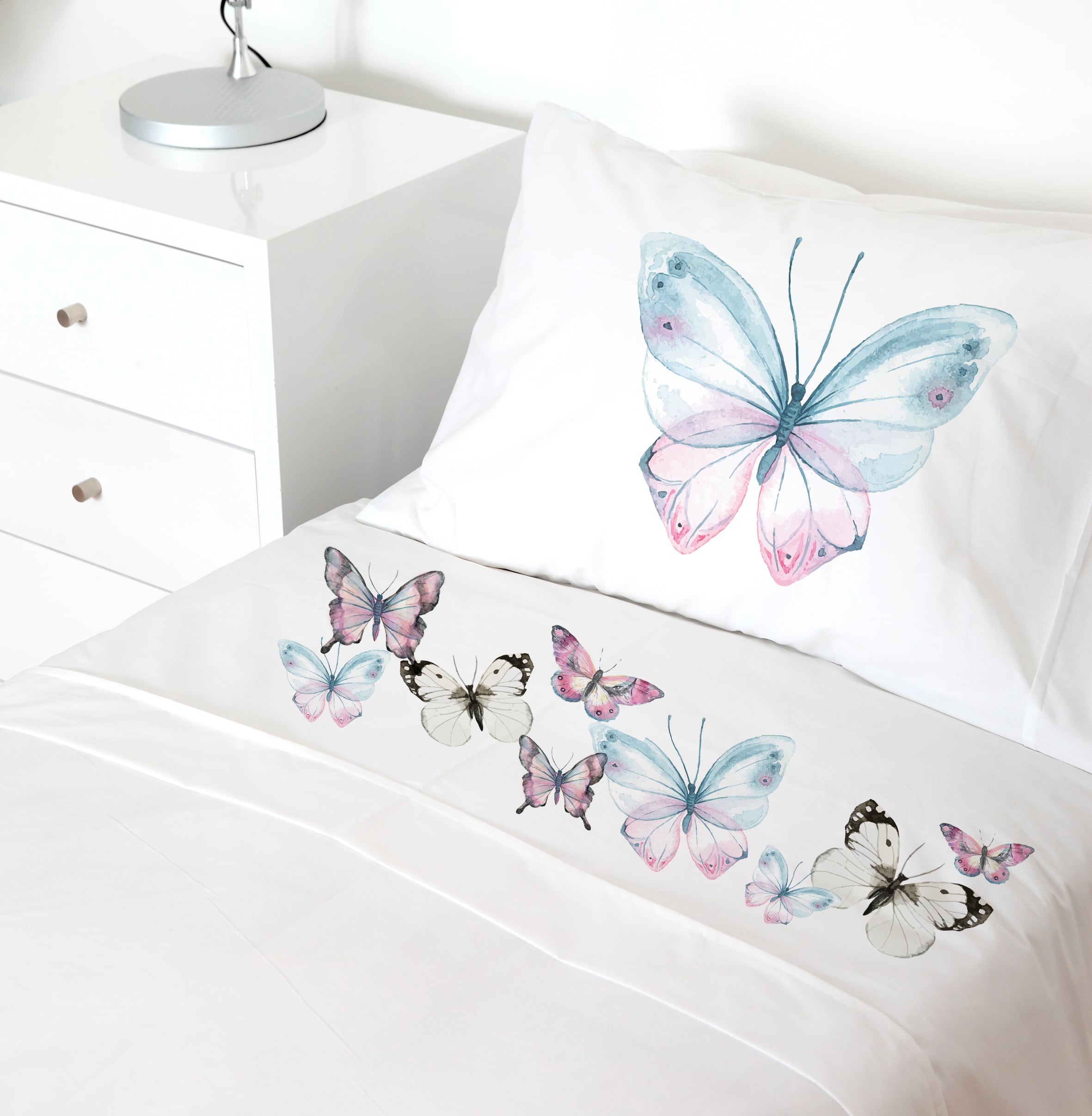 SET SÁBANAS TUYO PRINT MARIPOSAS ALGODÓN BLANCO CAMA TRANSICIÓN - 1