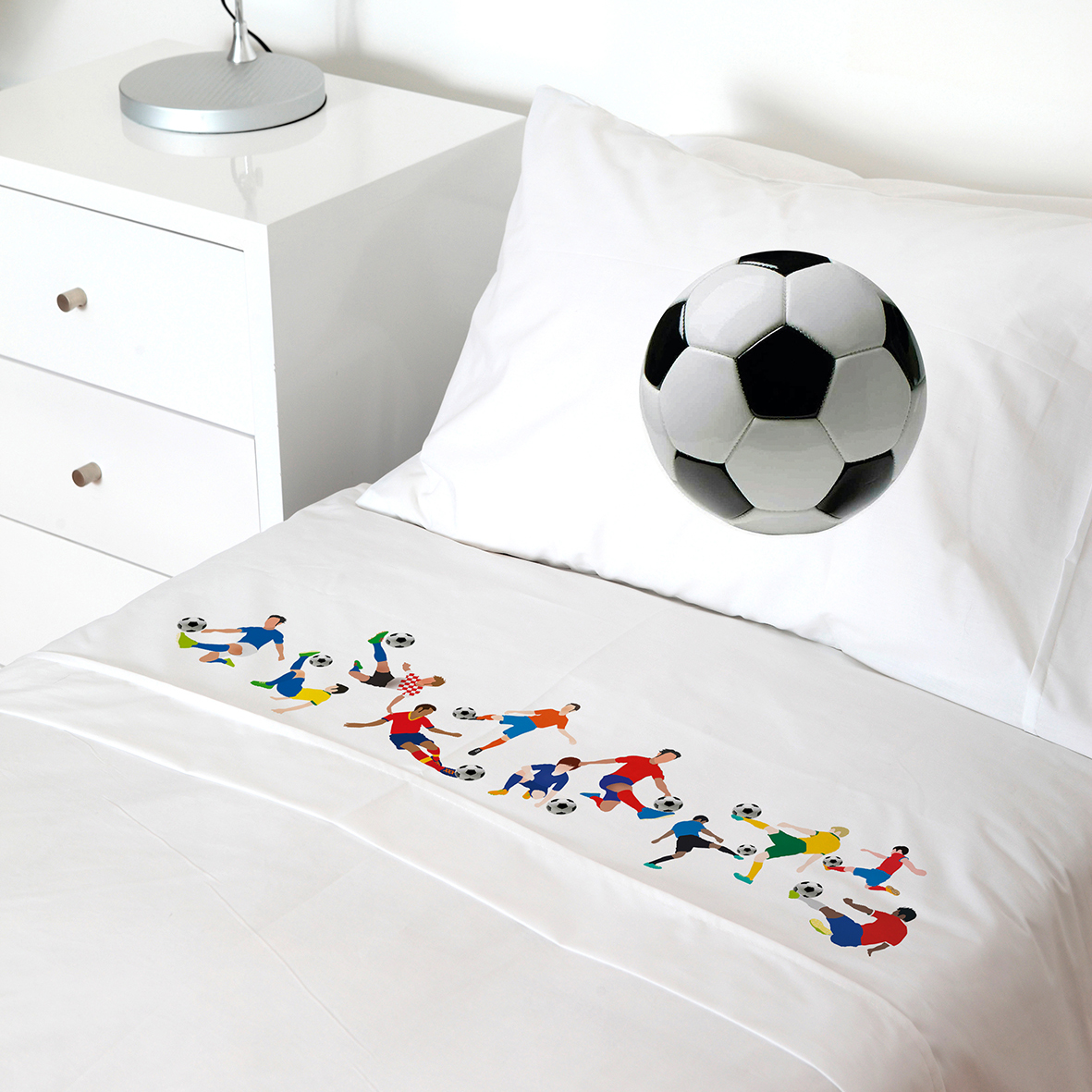 SET SÁBANAS TUYO PRINT FUTBOLISTAS 1 PLAZA 200 HILOS ALGODÓN BLANCO ESTAMPADO - 1