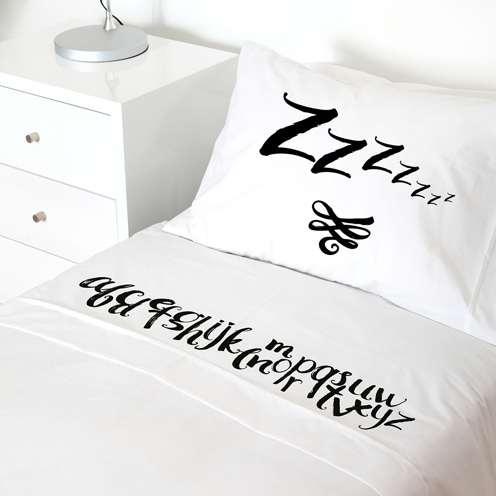 SET SÁBANAS TUYO PRINT LETRAS PIZARRA 1 PLAZA 200 HILOS ALGODÓN BLANCO ESTAMPADO - 1