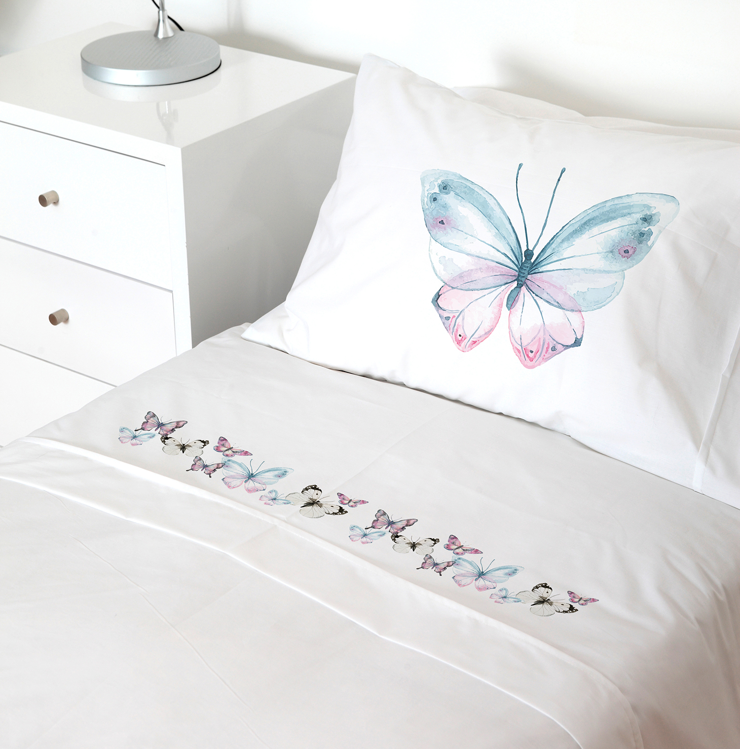 SET SÁBANAS TUYO PRINT MARIPOSAS ROSADAS 1 PLAZA 200 HILOS ALGODÓN BLANCO ESTAMPADO - 1