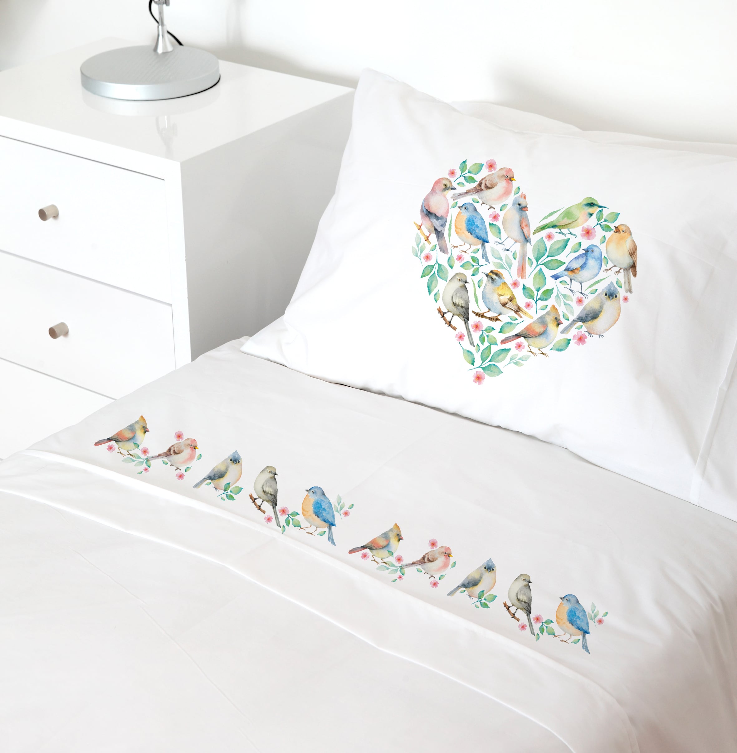SET SÁBANAS TUYO PRINT PAJARITOS 1 PLAZA 200 HILOS ALGODÓN BLANCO ESTAMPADO - 1