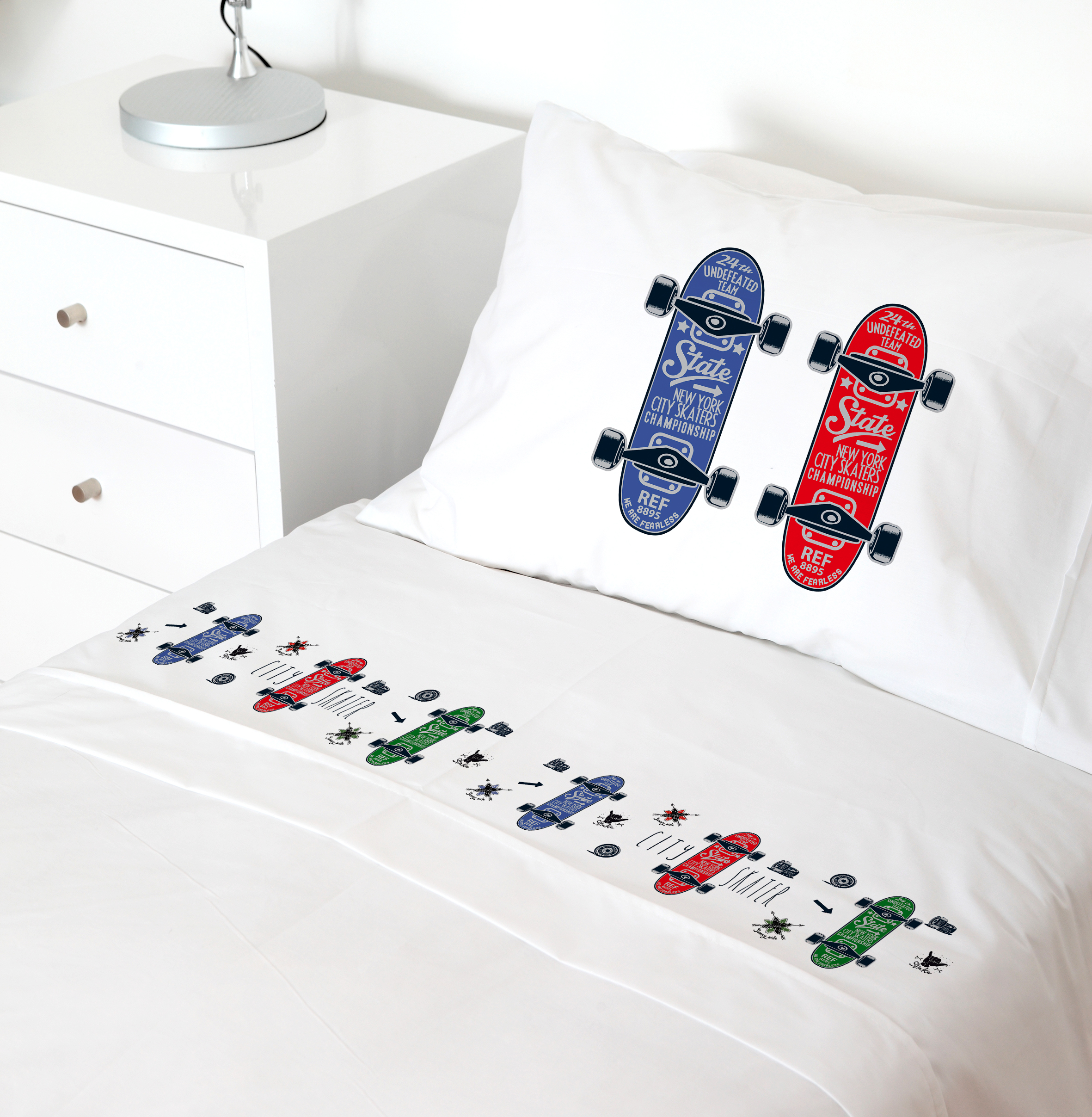 SET SÁBANAS TUYO PRINT SKATE 1 PLAZA 200 HILOS ALGODÓN BLANCO ESTAMPADO - 1