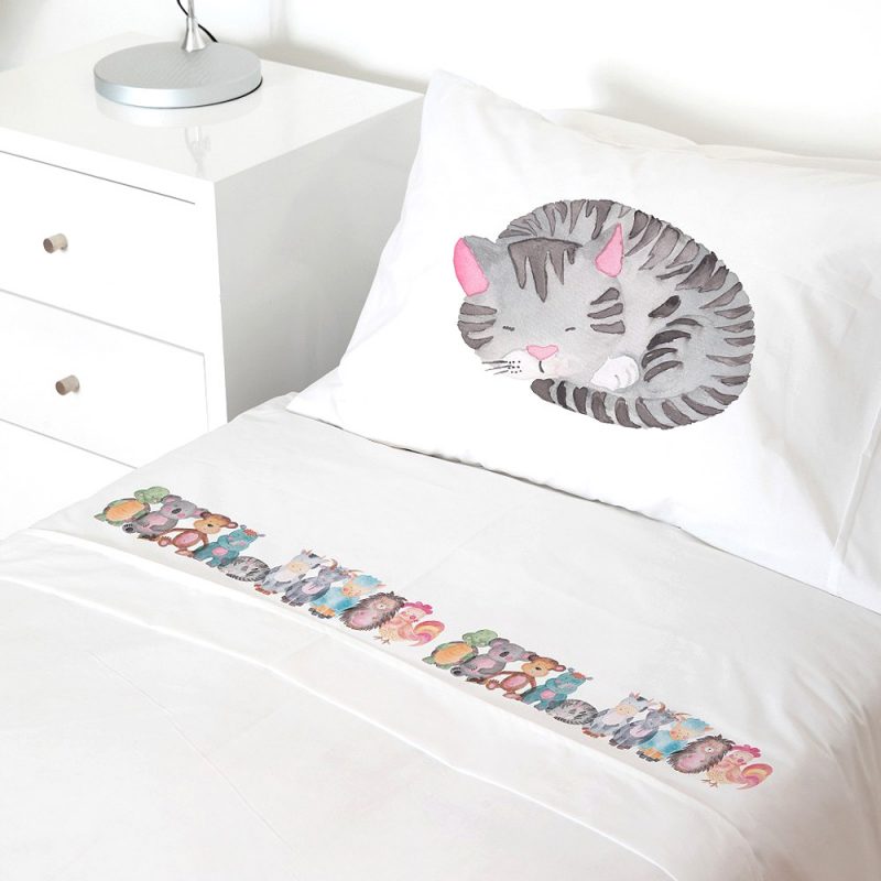 SET SÁBANAS TUYO PRINT ANIMALES ACUARELA 1.5 PLAZAS 200 HILOS ALGODÓN BLANCO ESTAMPADO - 1