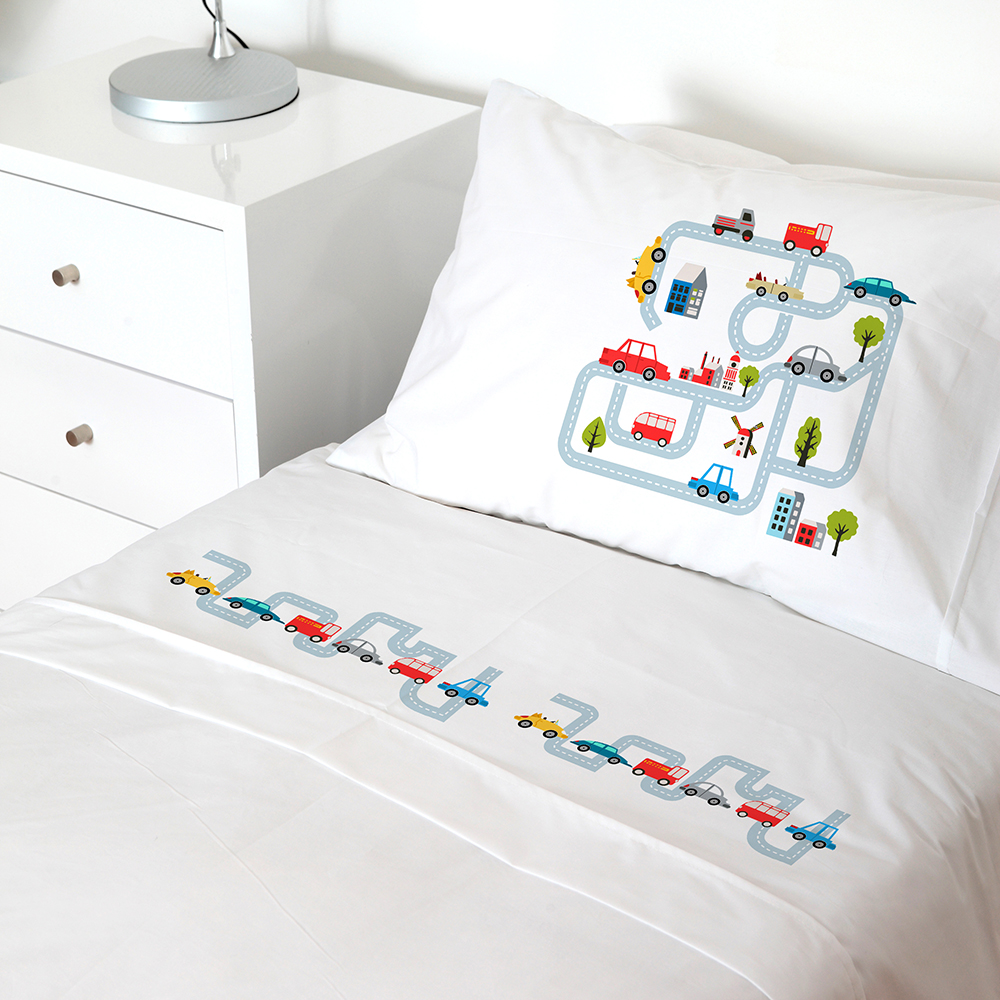 SET SÁBANAS TUYO PRINT AUTOPISTA 1.5 PLAZAS 200 HILOS ALGODÓN BLANCO ESTAMPADO - 1