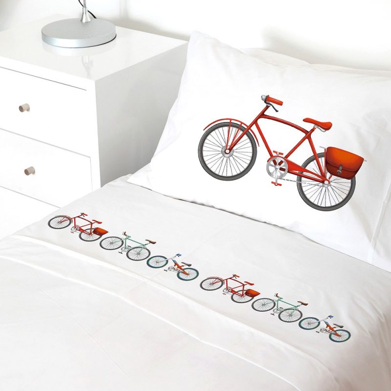 SET SÁBANAS TUYO PRINT BICI COLOR 1.5 PLAZAS 200 HILOS ALGODÓN BLANCO ESTAMPADO - 1