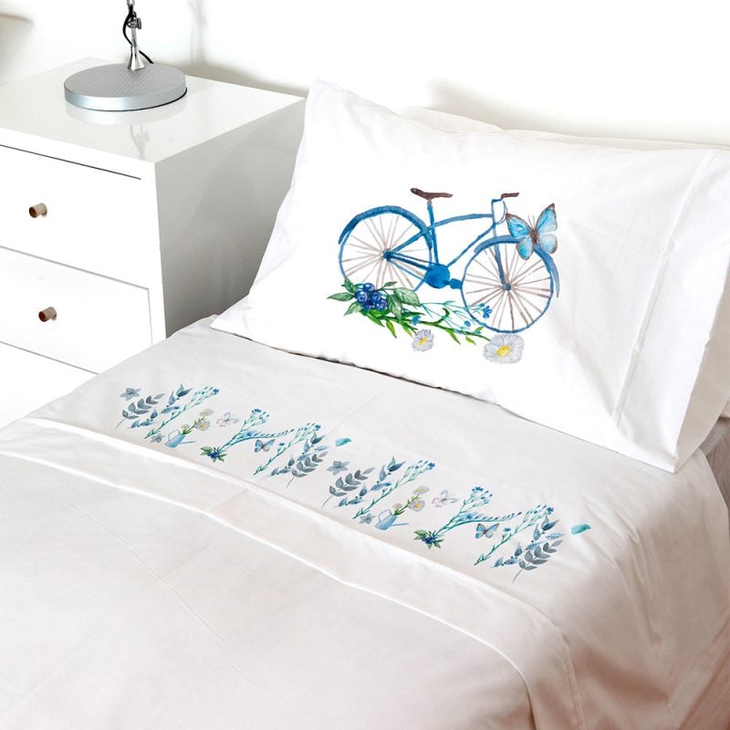 SET SÁBANAS TUYO PRINT BICI AZUL 1.5 PLAZAS 200 HILOS ALGODÓN BLANCO ESTAMPADO - 1