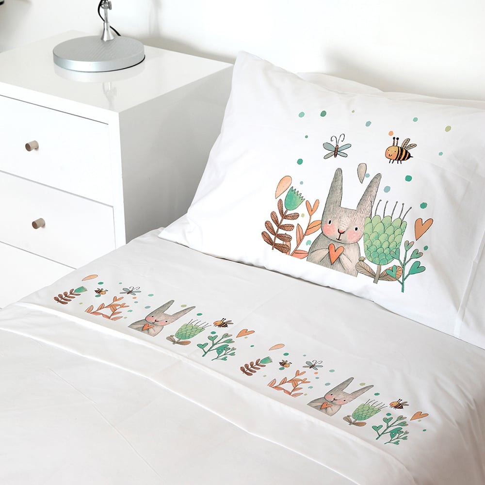SET SÁBANAS TUYO PRINT CONEJITO 1.5 PLAZAS 200 HILOS ALGODÓN BLANCO ESTAMPADO - 1