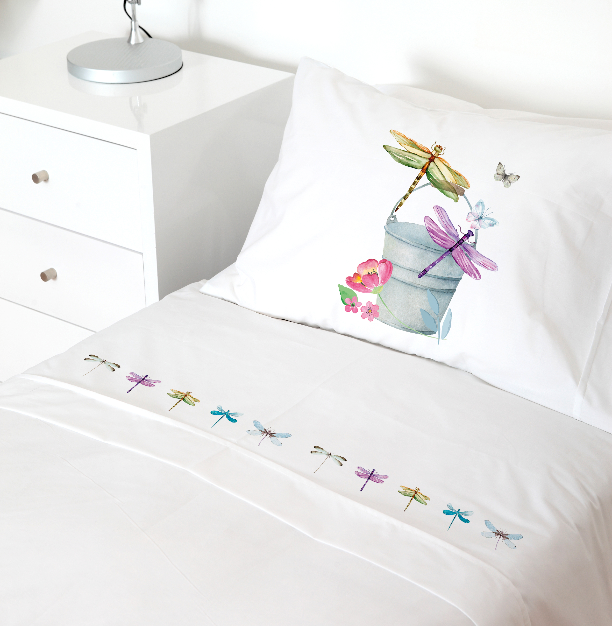 SET SÁBANAS TUYO PRINT LIBÉLULA 1.5 PLAZAS 200 HILOS ALGODÓN BLANCO ESTAMPADO - 1