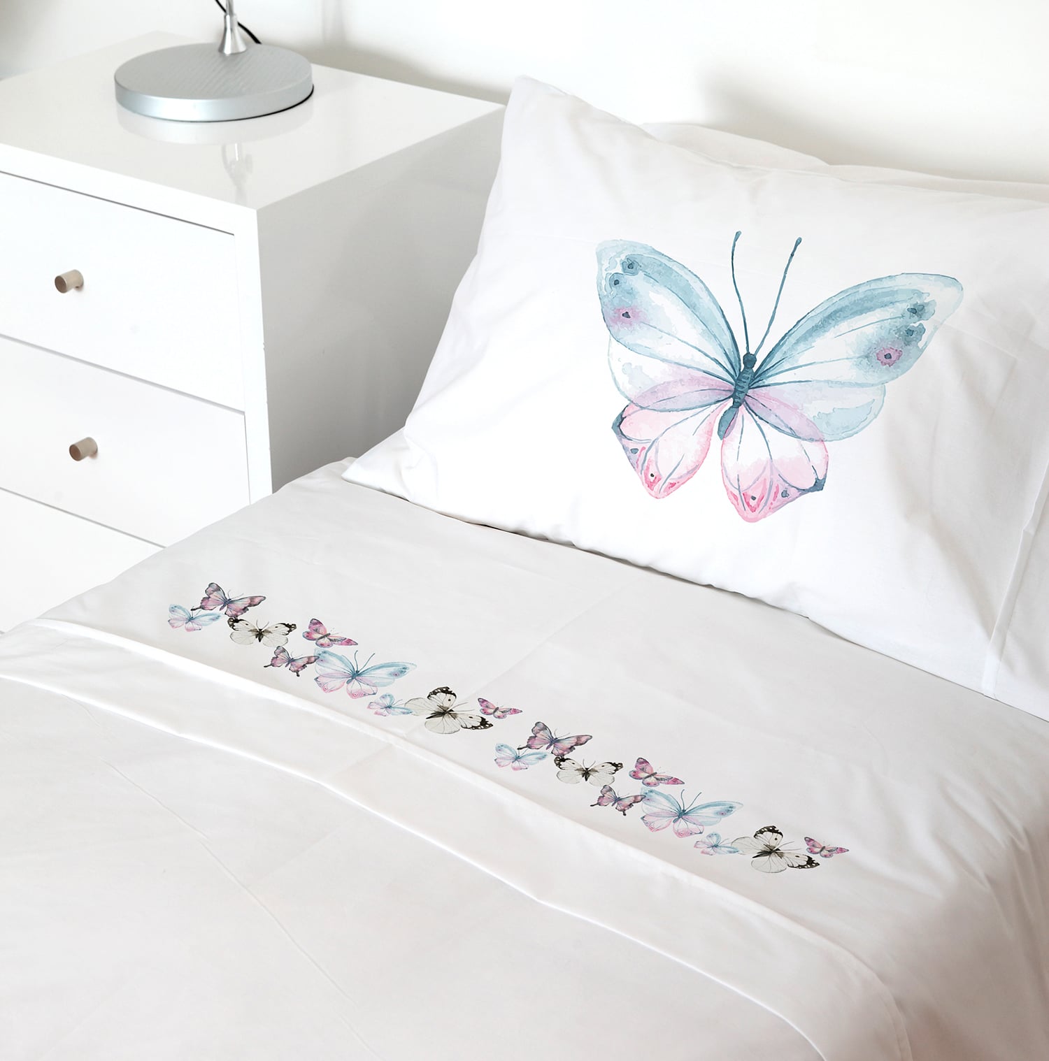 SET SÁBANAS TUYO PRINT MARIPOSAS ROSADAS 1.5 PLAZAS 200 HILOS ALGODÓN BLANCO ESTAMPADO - 1