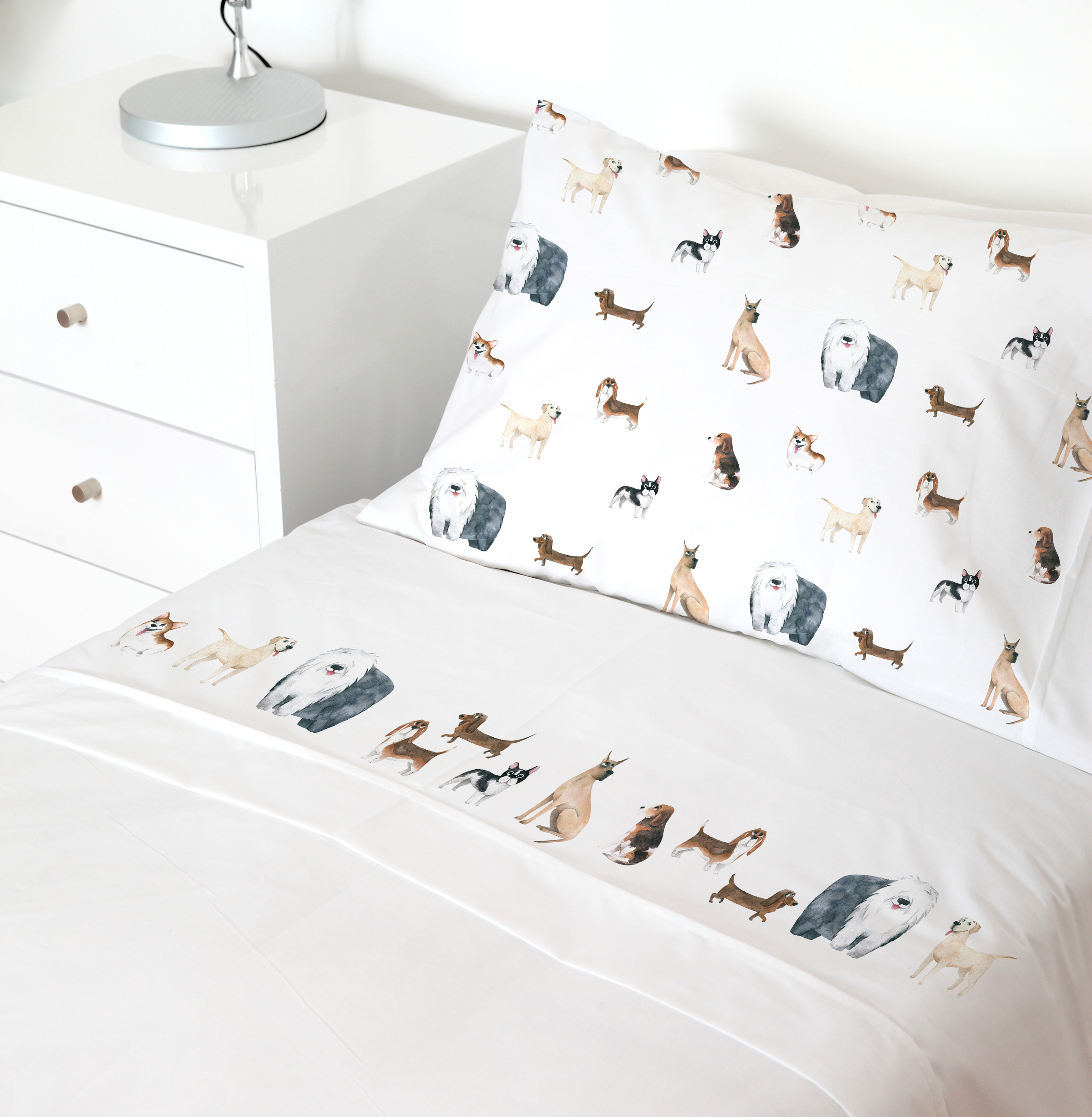 SET SÁBANAS TUYO PRINT PERROS 1.5 PLAZAS 200 HILOS ALGODÓN BLANCO ESTAMPADO - 1