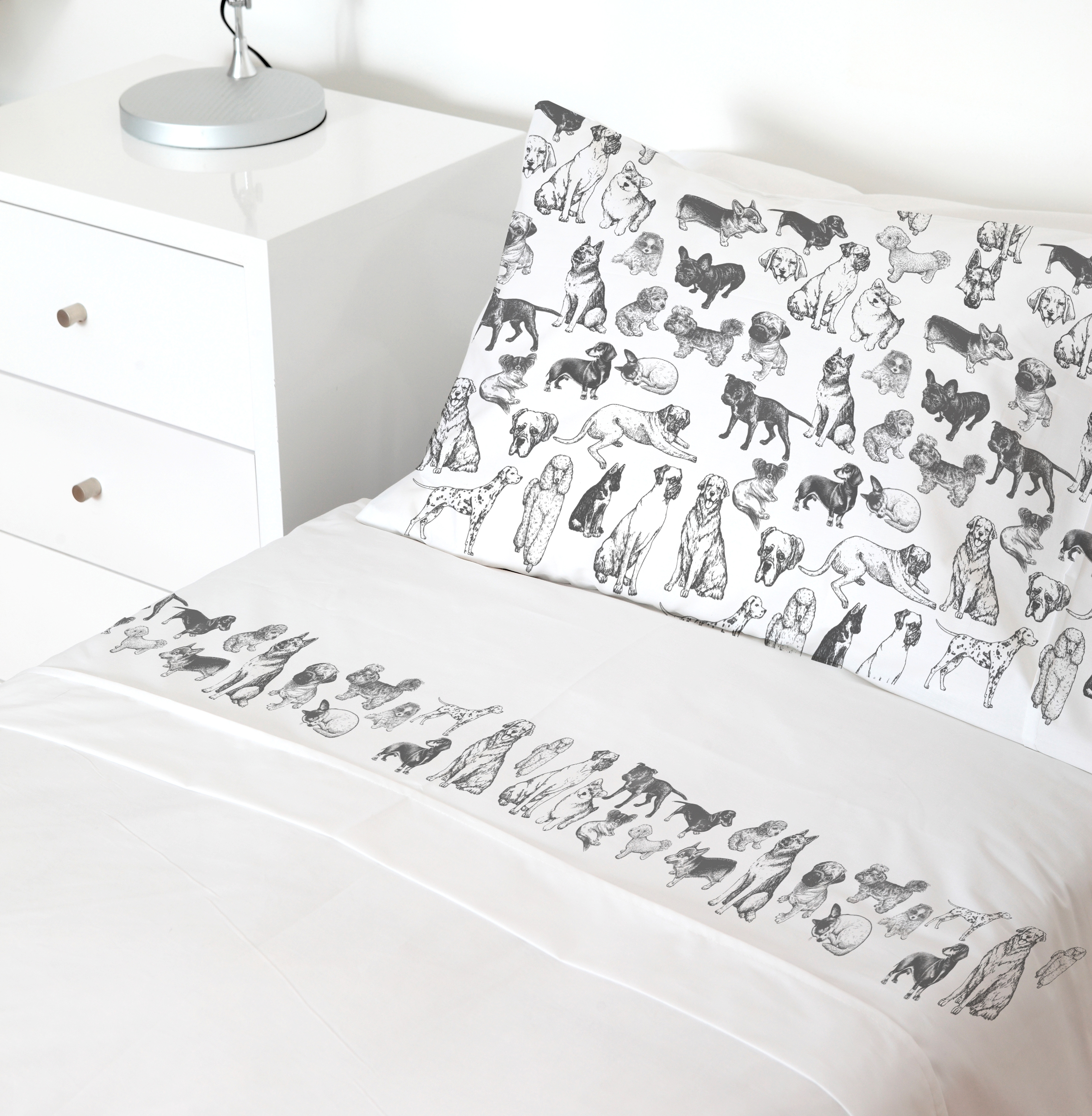 SET SÁBANAS TUYO PRINT DOG LOVER 1.5 PLAZAS 200 HILOS ALGODÓN BLANCO ESTAMPADO - 1