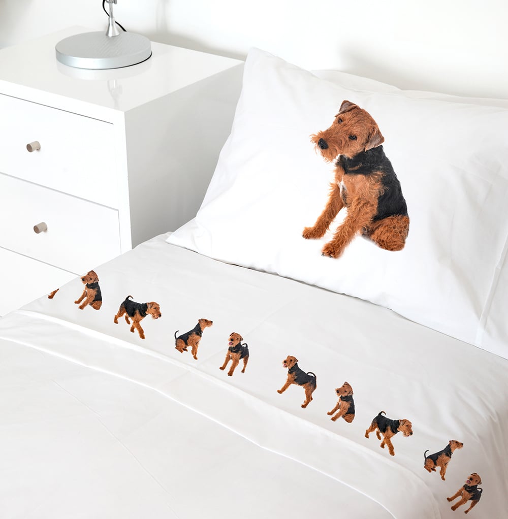 SET SÁBANAS TUYO PRINT WELSH TERRIER 1.5 PLAZAS 200 HILOS ALGODÓN BLANCO ESTAMPADO - 1
