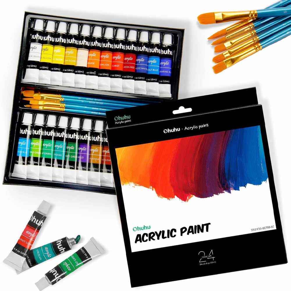 SET X24 PINTURAS OHUHU ACRÍLICAS 12ML + 6 PINCELES - 1