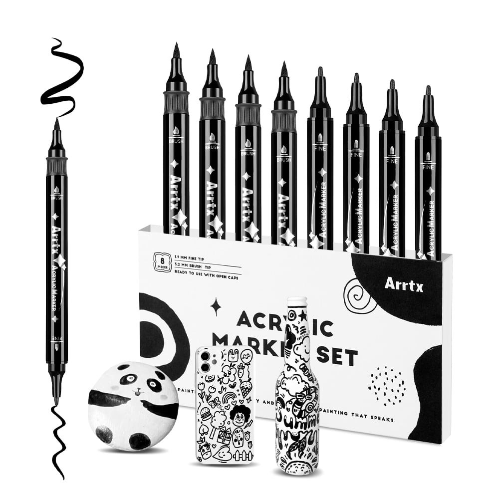 ARRTX 8 MARCADORES DE PINTURA ACRÍLICA DE DOBLE PUNTA NEGRO - 1