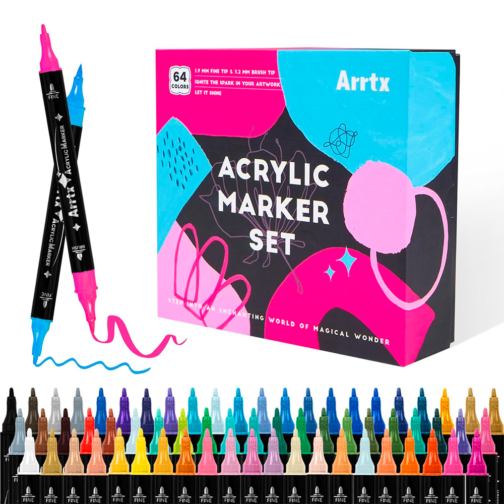 ARRTX MARCADORES ACRILICO 64 COLORES DOBLE PUNTA PINCEL&FINA - 1
