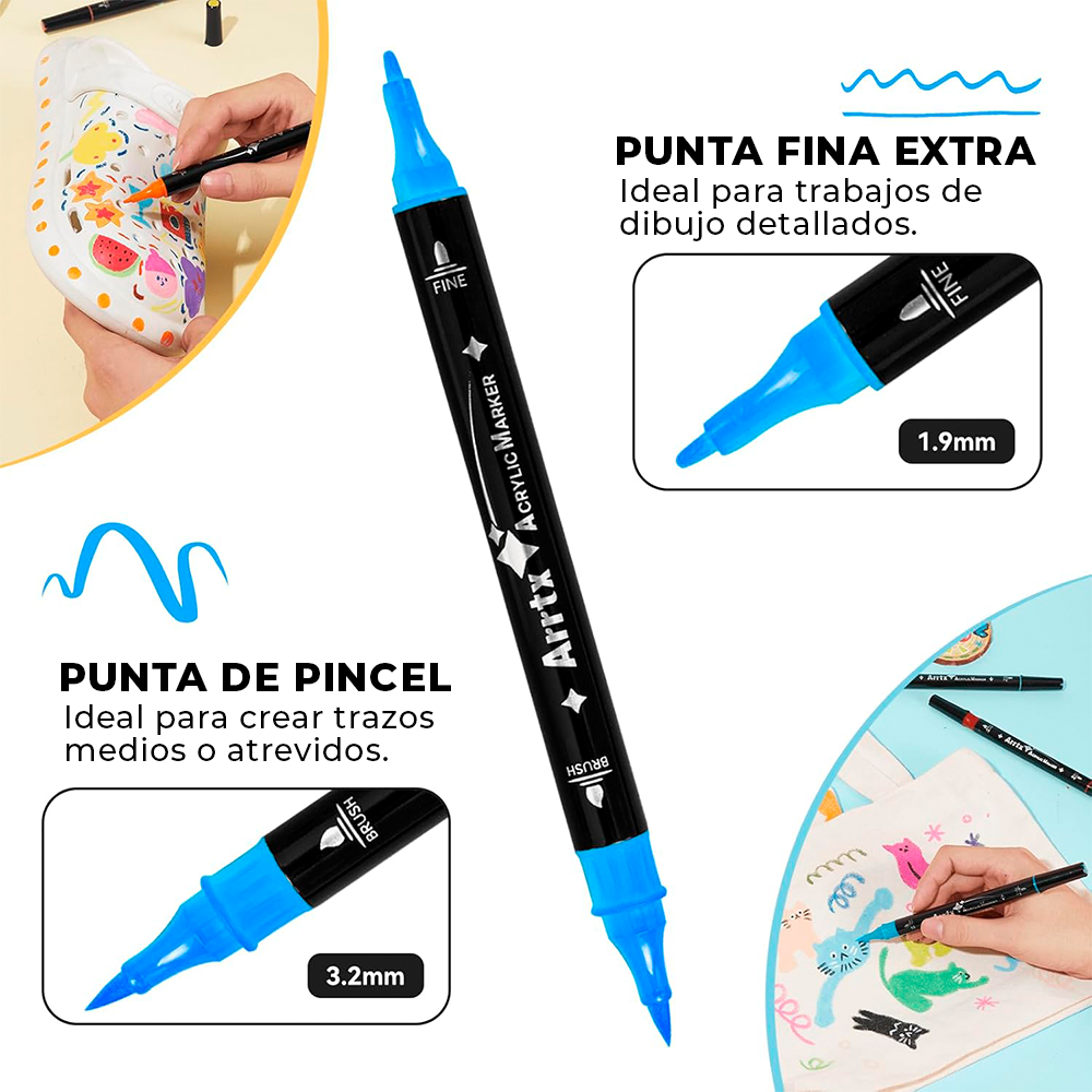 ARRTX MARCADORES ACRILICO 64 COLORES DOBLE PUNTA PINCEL&FINA - 2