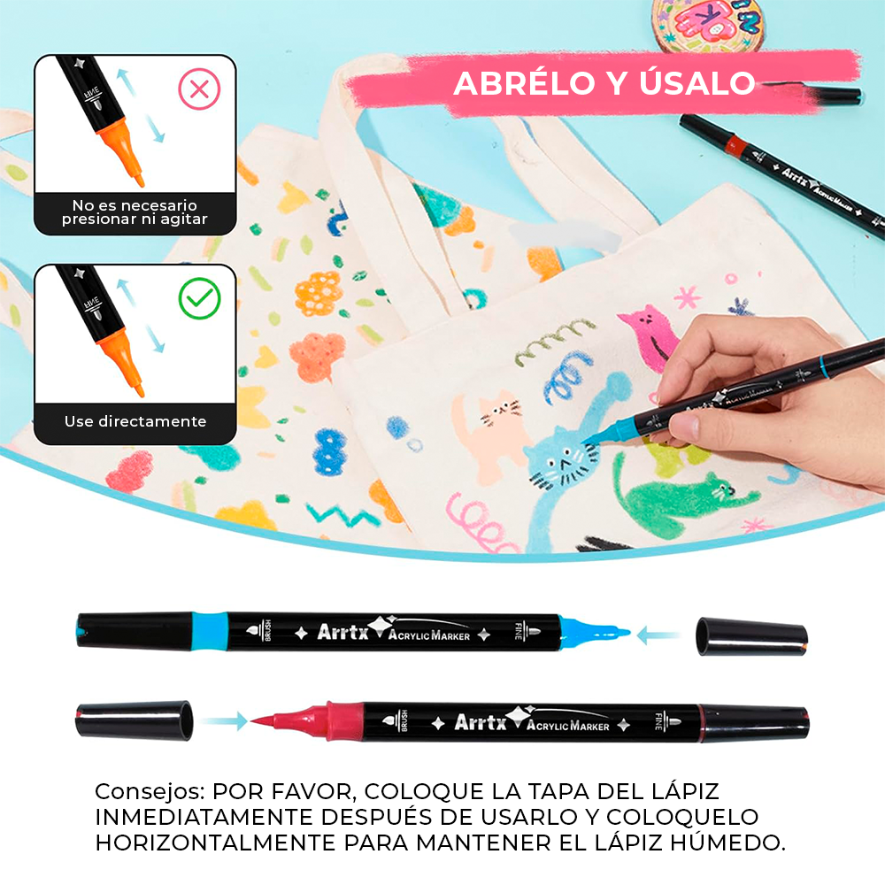 ARRTX MARCADORES ACRILICO 64 COLORES DOBLE PUNTA PINCEL&FINA - 3