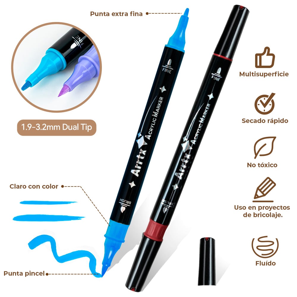 ARRTX MARCADORES ACRILICOS DE DOBLE PUNTA PINCEL & FINA 32 C - 3