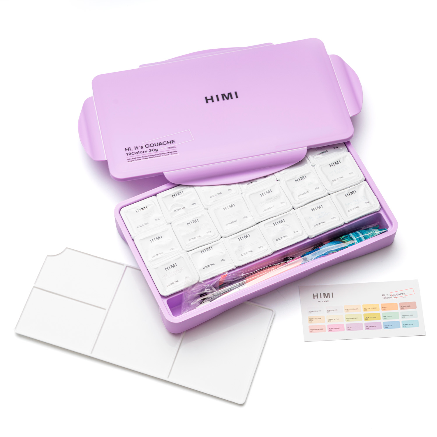HIMI SET GOUACHE 18 COLORES PASTEL 12G + 3 PINCELES MORADO - 2