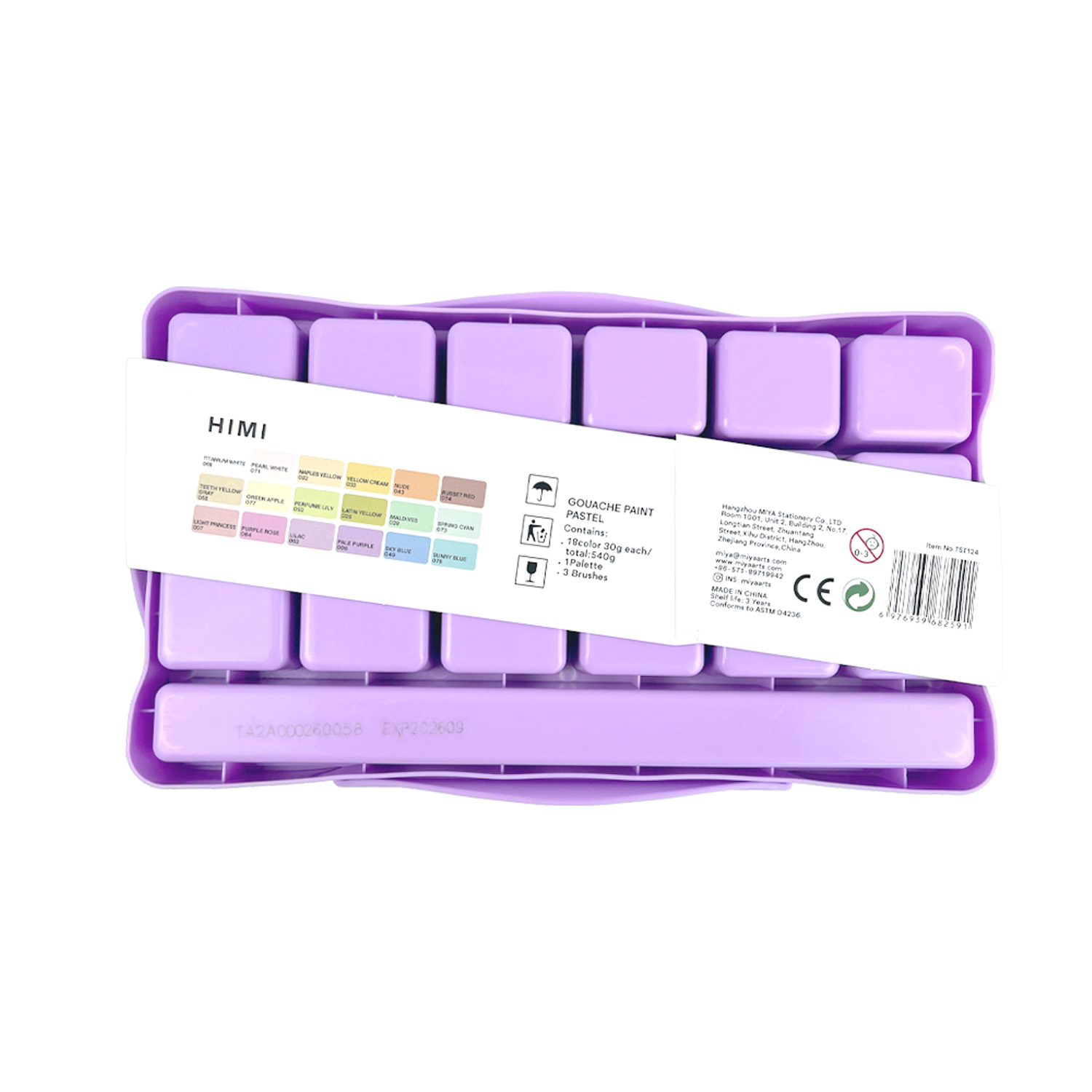 HIMI SET GOUACHE 18 COLORES PASTEL 12G + 3 PINCELES MORADO - 4