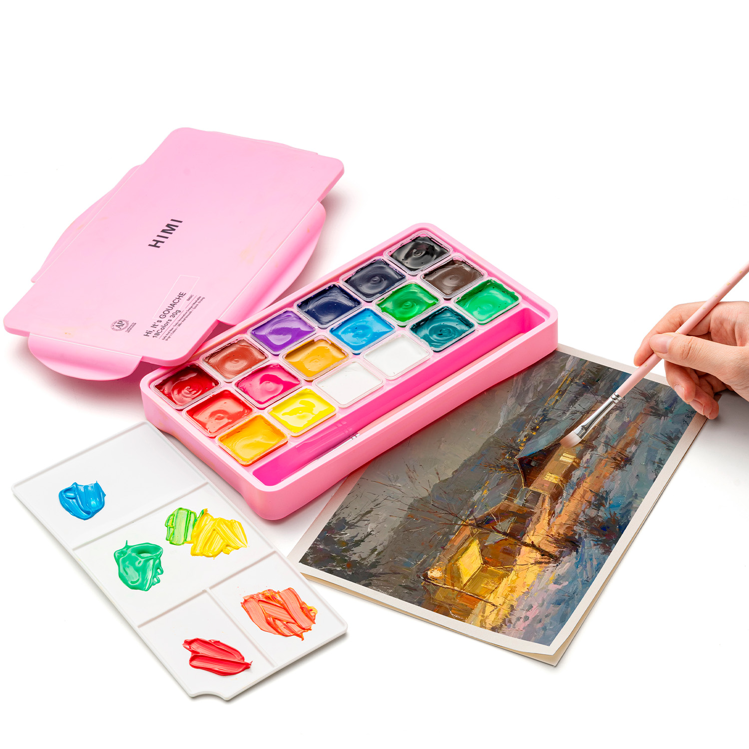 HIMI SET GOUACHE 18 COLORES BASICOS 12G + 3 PINCELES ROSADO - 2